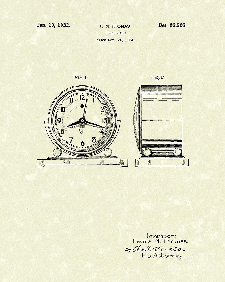 Clock Case 1932 Patent Art #1 Drawing by Prior Art Design