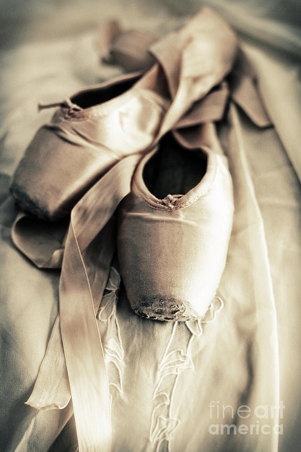 Closeup of ballet shoes on old lace  #1 Photograph by Sandra Cunningham