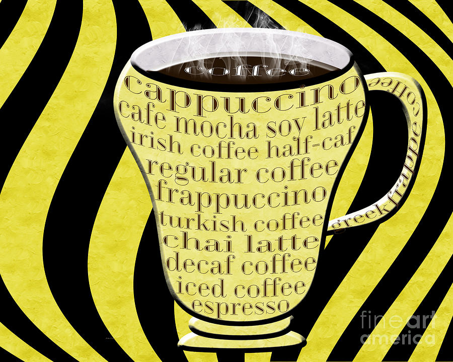 Coffee Cup With Stripes Typography Yellow #1 Digital Art by Andee Design