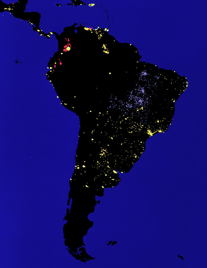 Coloured Satellite Image Of South America At Night #1 Photograph by Copyright W.t. Sullivan Iii/science Photo Library