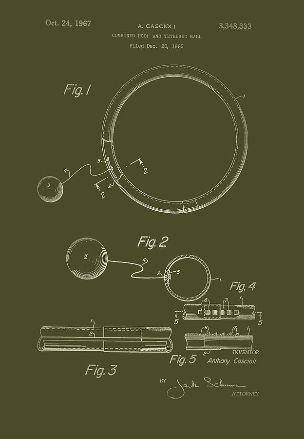 Vintage Drawing - Combined Hoop and Tethered Ball Toy Patent 1967 #1 by Mountain Dreams