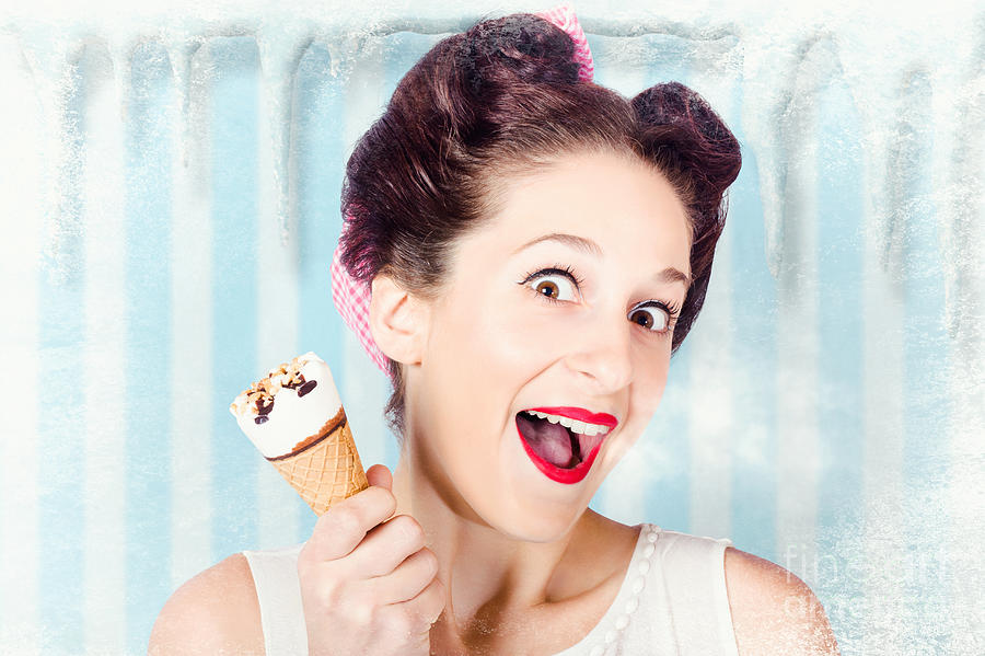 Cool Pin-up Woman In Cold Freezer With Ice-cream Photograph