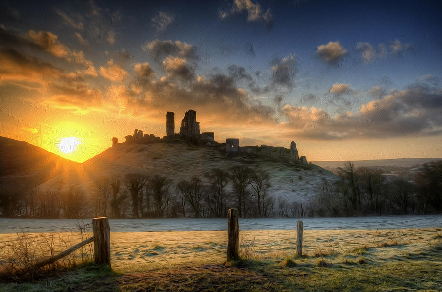 Castle Photograph - Corfe Castle sunrise digital painting #1 by Matthew Gibson