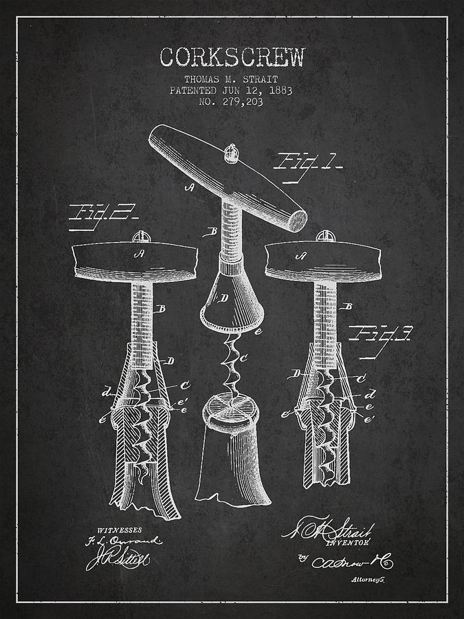 Wine Digital Art - Corkscrew patent Drawing from 1883 #3 by Aged Pixel