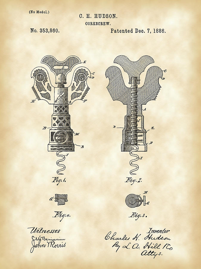 Corkscrew Patent 1886 - Vintage Digital Art by Stephen Younts