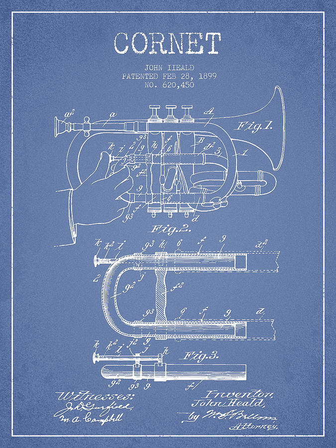 Cornet Patent Drawing From 1899 - Light Blue Digital Art