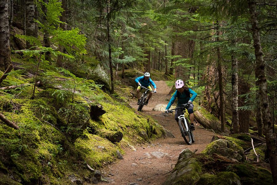 Couple mountain biking through a forest #1 Photograph by stockstudioX