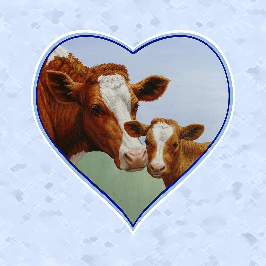 Cow Painting - Cow and Calf Blue Heart by Crista Forest