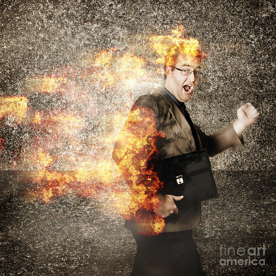 Crazy businessman running engulfed in fire. Late #1 Photograph by Jorgo Photography