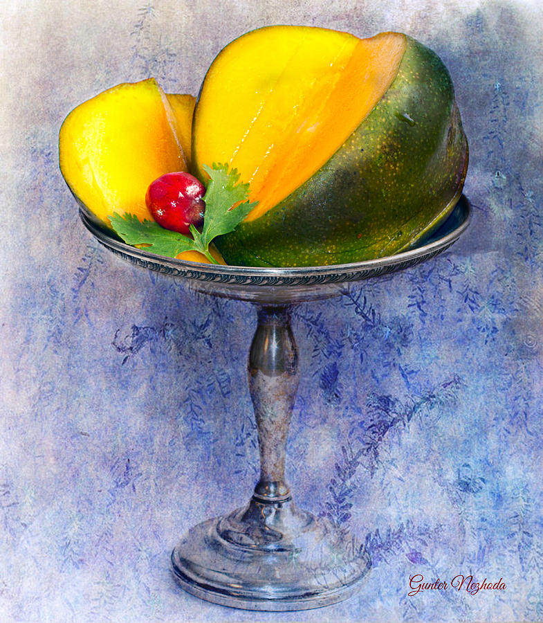 Fruit Photograph - Cut mango on sterling silver dish #1 by Gunter Nezhoda