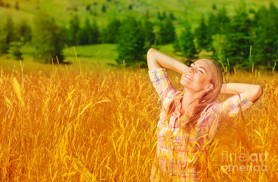 Cute girl on wheat field #1 Photograph by Anna Om