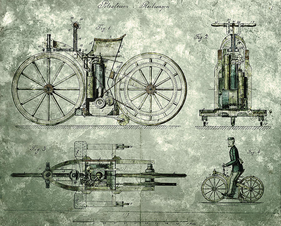 Daimler Reitwagen color drawing 1885 D patent  #2 Painting by Celestial Images
