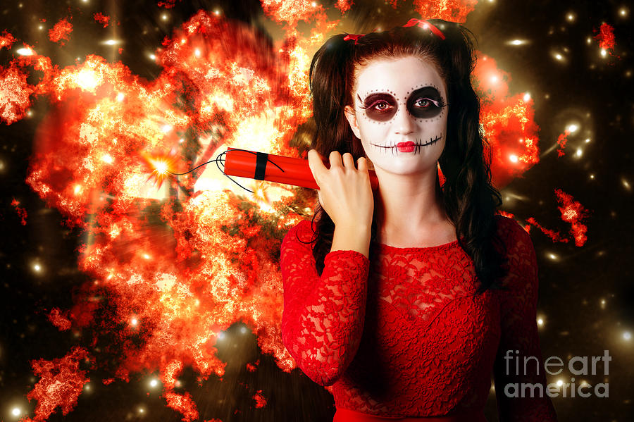 Abstract Photograph - Dangerous sugarskull bomber holding dynamite #1 by Jorgo Photography