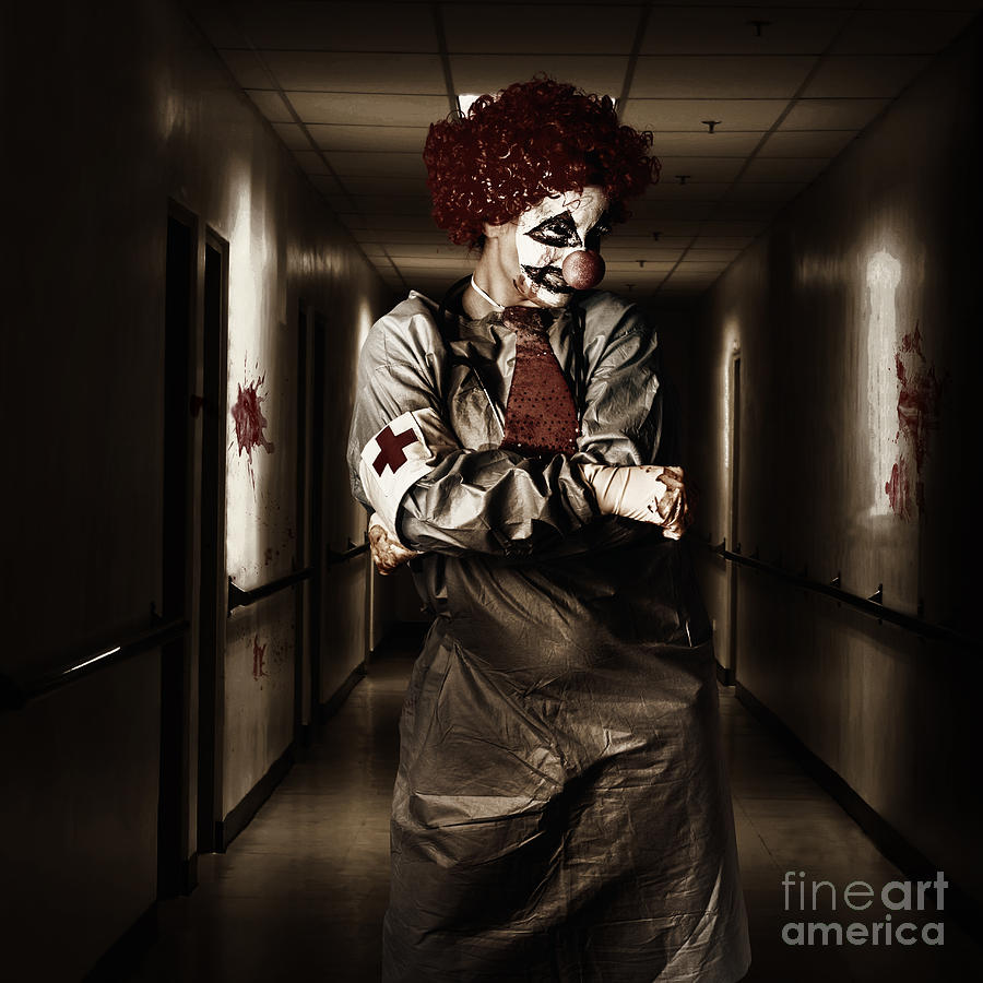 Dark hospital clown in spooky theatre nightmare #1 Photograph by Jorgo Photography