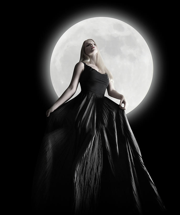 Portrait Photograph - Dark Night Moon Girl With Black Dress #1 by Angela Waye