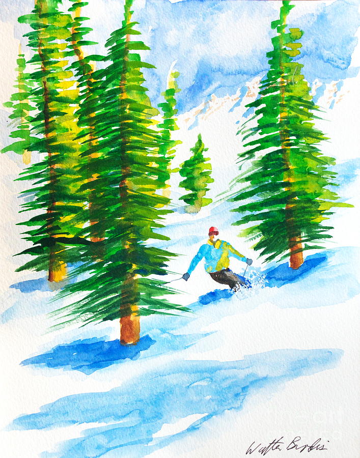 David Skiing the Trees  Painting by Walt Brodis