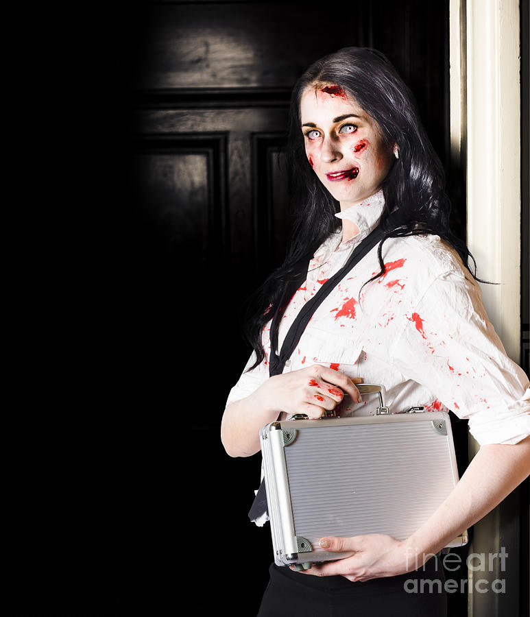 Dead female zombie worker holding briefcase Photograph by Jorgo Photography