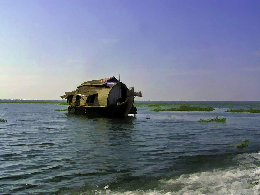 Digital Oil Painting - A houseboat moving placidly through a coastal lagoon #1 Digital Art by Ashish Agarwal
