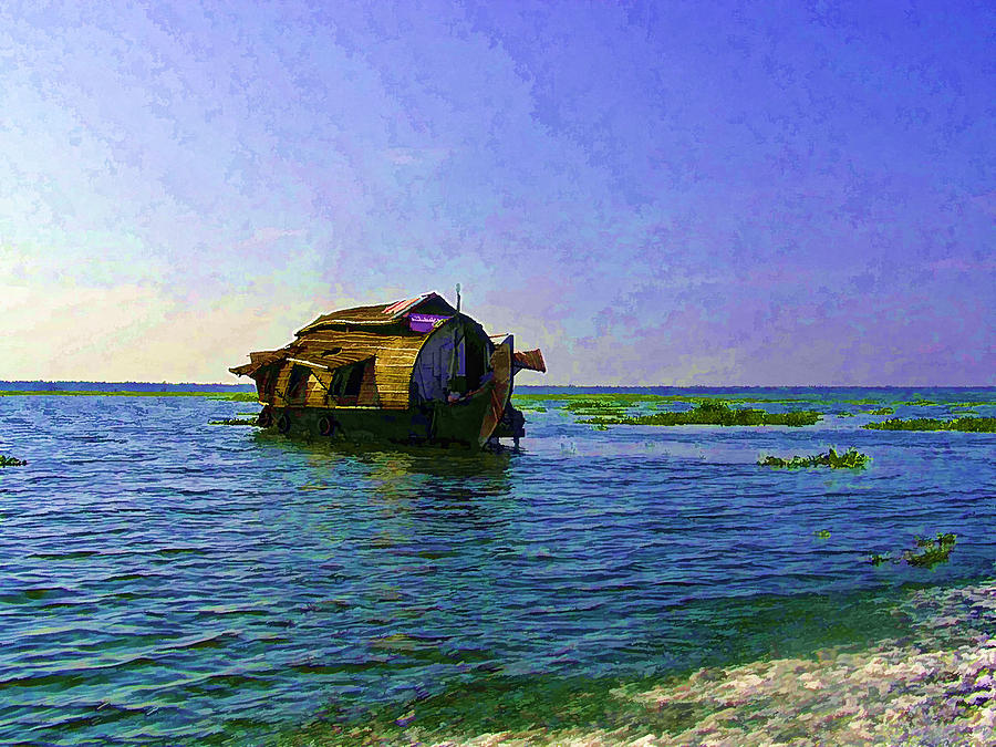 Boat Photograph - Digital Oil Painting - A houseboat moving placidly through a coastal lagoon in Alleppey #1 by Ashish Agarwal