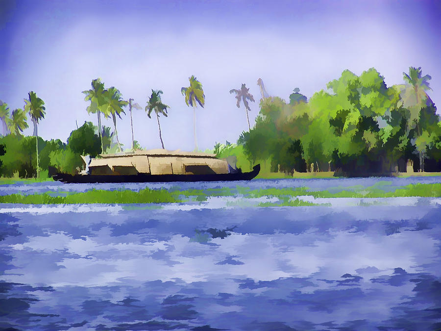 Boat Digital Art - Digital Oil Painting - A houseboat on its quiet sojourn through the backwaters of Allep #1 by Ashish Agarwal
