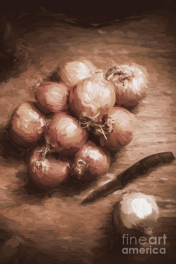 Digital painting of brown onions on kitchen table #1 Digital Art by Jorgo Photography