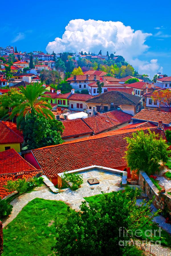 Abstract Digital Art - Digital painting of rooftops in Kaleici Antalya Turkey #1 by Ken Biggs