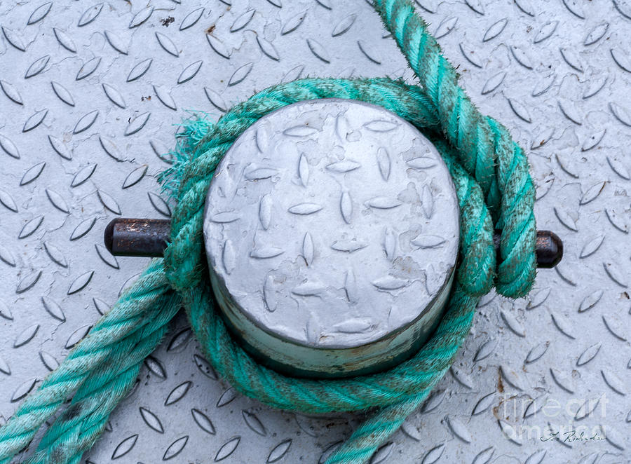 Copyright Owner Photograph - Dock Bollard with Green Boat Rope #1 by Iris Richardson