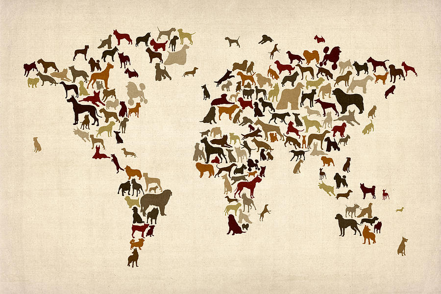 Dog Digital Art - Dogs Map of the World Map #1 by Michael Tompsett
