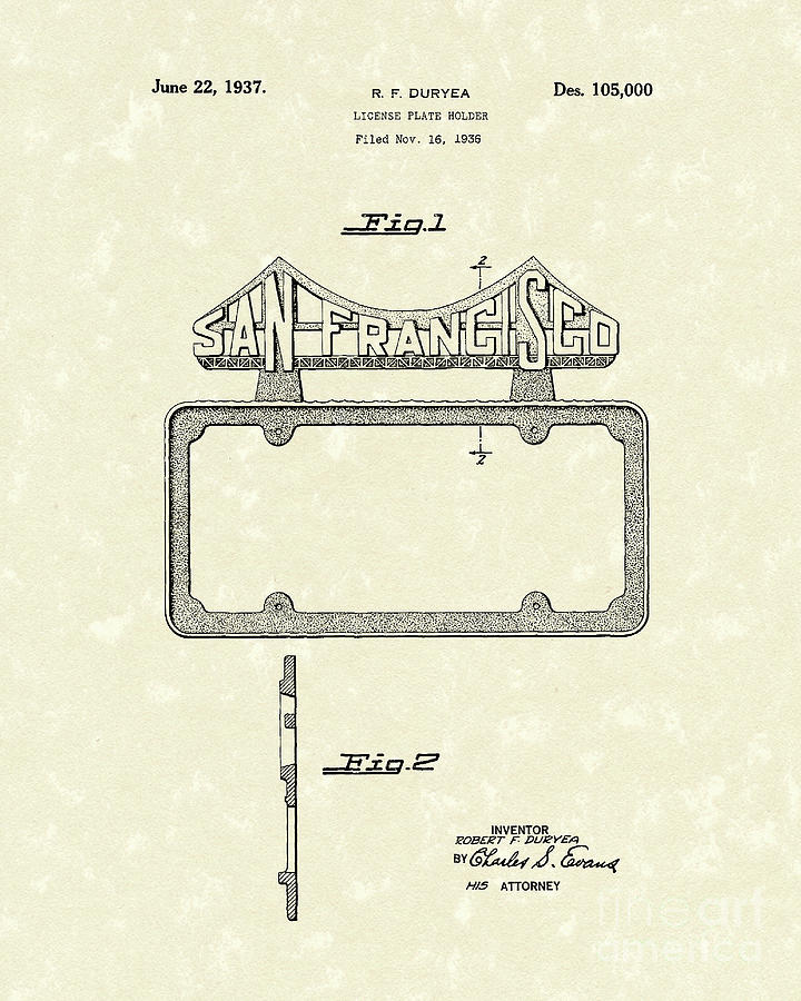 Duryea License Holder 1937 Patent Art #1 Drawing by Prior Art Design