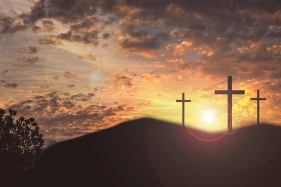 Easter, Crucifixion scene with three cross on hill. #1 Photograph by Fstop123
