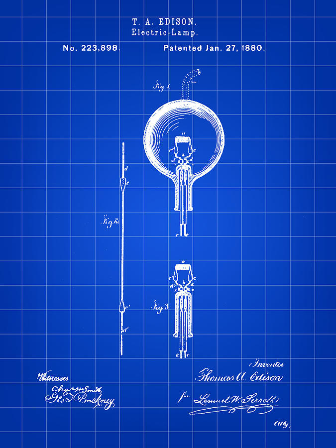 Edison Light Bulb Patent 1880 - Blue Digital Art by Stephen Younts
