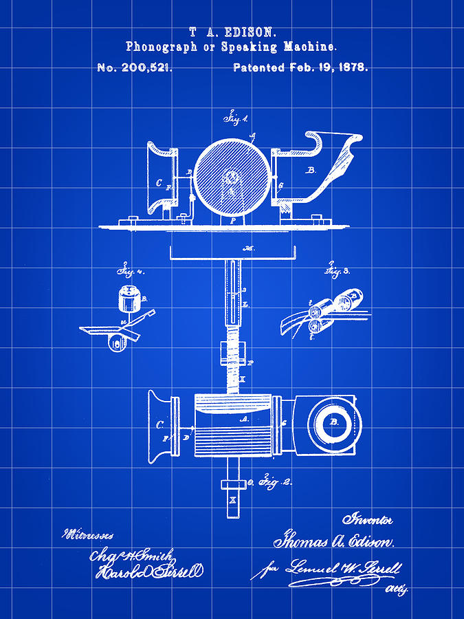 Edison Phonograph Patent 1878 - Blue Digital Art by Stephen Younts