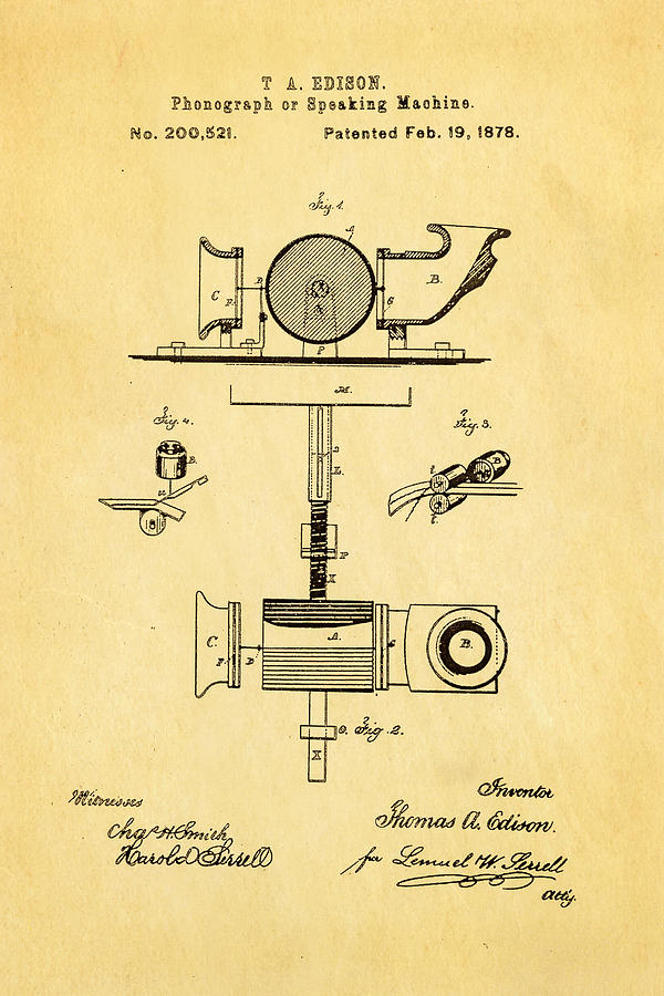 Vintage Photograph - Edison Phonograph Patent Art 1878 #1 by Ian Monk