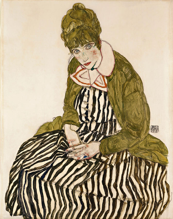 Edith with Striped Dress Sitting #4 Drawing by Egon Schiele