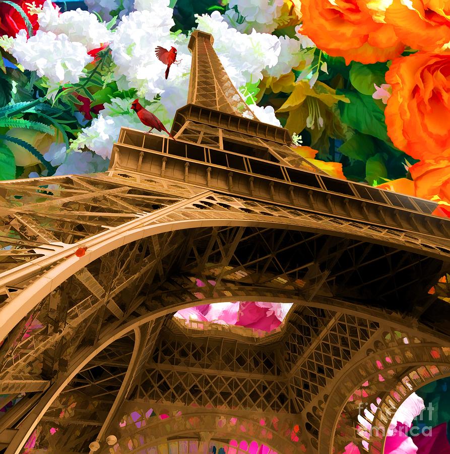 Eiffel Tower Digital Art - Eiffel Tower on a bed of decorative flowers by Liane Wright
