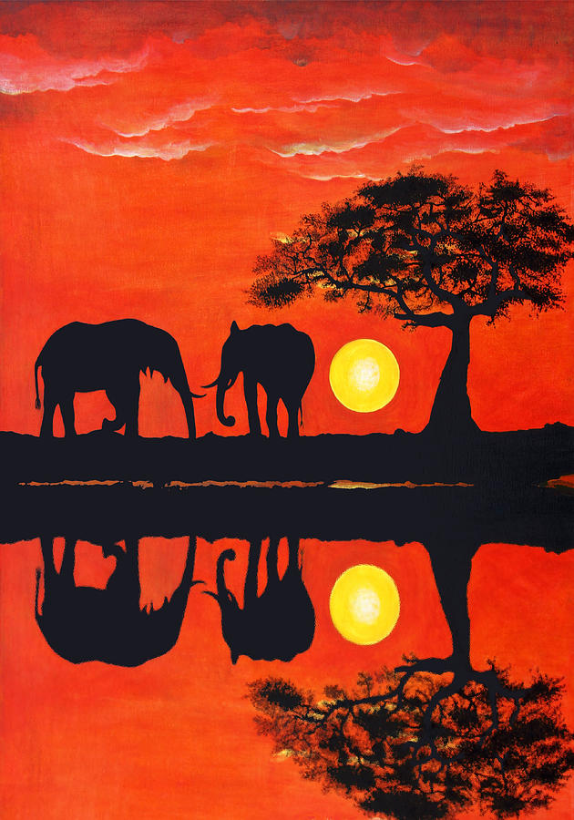 Elephant Painting - Elephant Reflections #1 by John Hebb