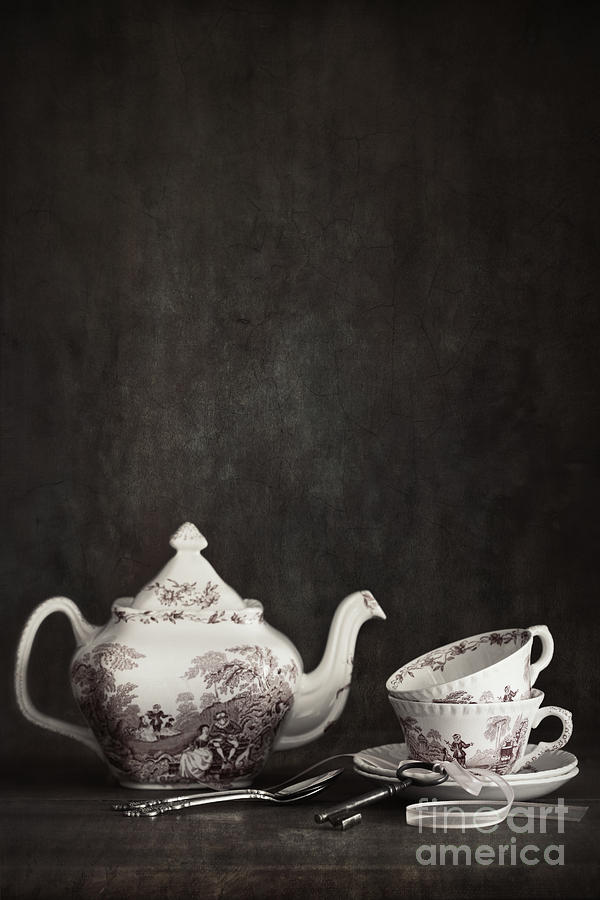 English tea cups and tea pot on shelf  #1 Photograph by Sandra Cunningham