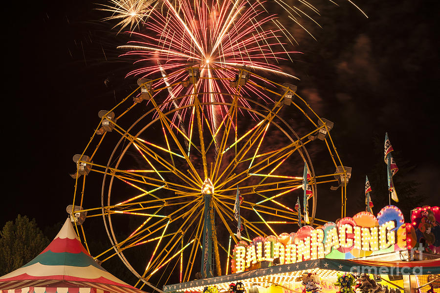 Evergreen State Fair with ferris wheel and fireworks display #2 Photograph by Jim Corwin