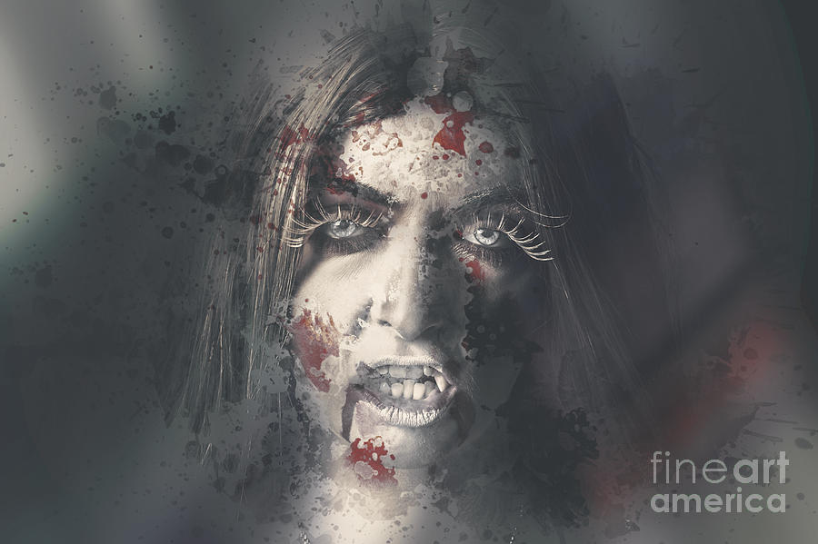 Evil dead vampire woman looking in bloody window #1 Photograph by Jorgo Photography