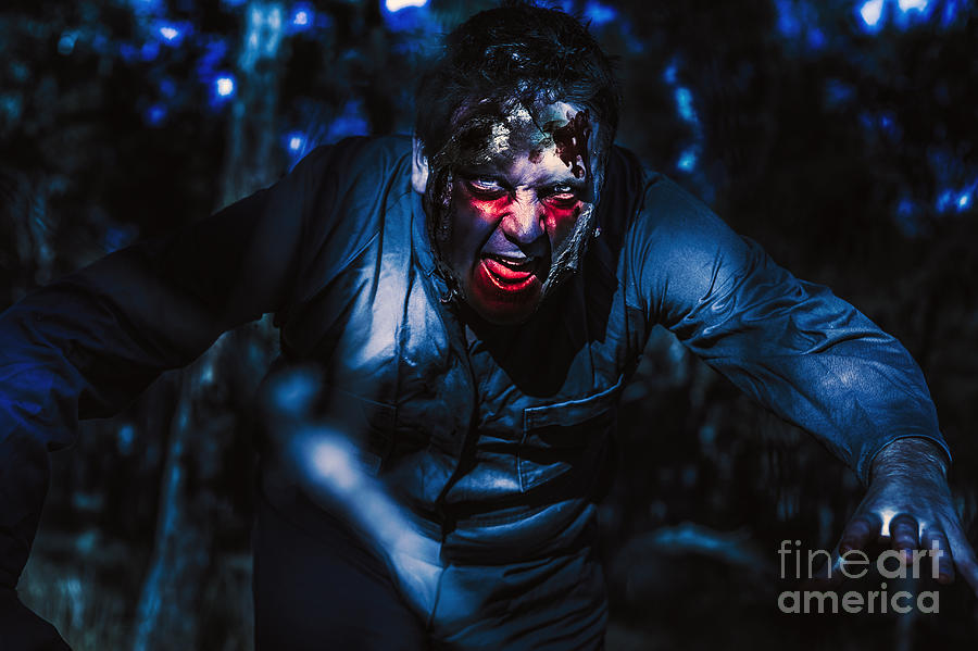 Evil zombie man creeping though black shadows #1 Photograph by Jorgo Photography