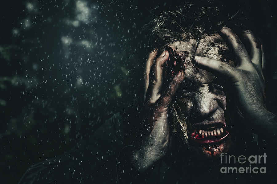 Halloween Photograph - Evil zombie man in fear at dark haunted forest #1 by Jorgo Photography