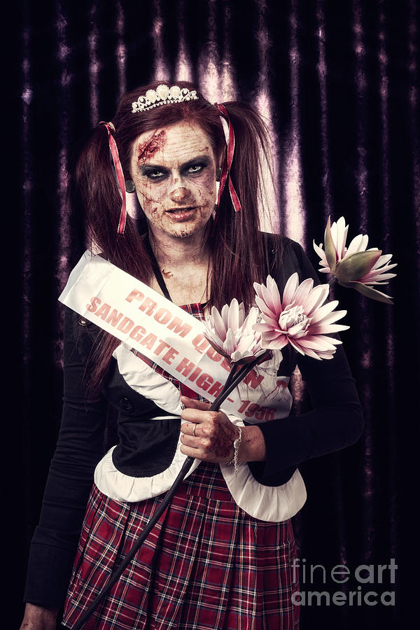 Halloween Photograph - Evil zombie prom queen holding flowers on stage by Jorgo Photography