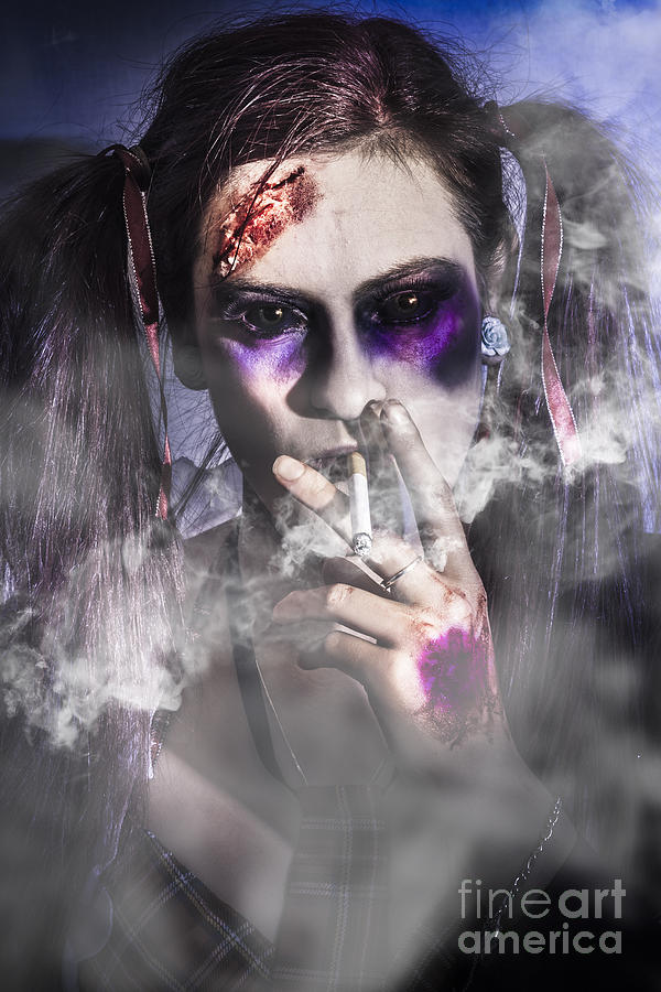 Evil zombie schoolgirl smoking cigarette #1 Photograph by Jorgo Photography