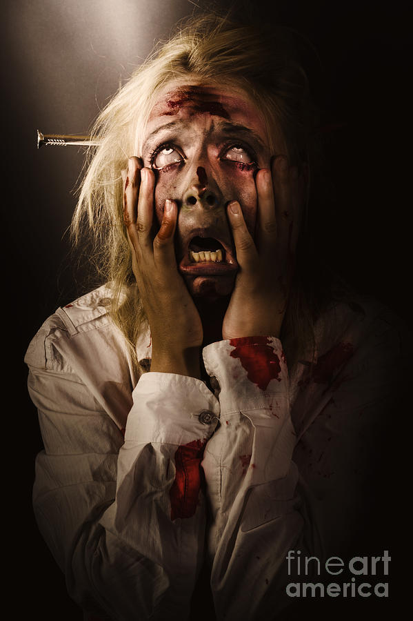 Facing dark horror. Dying zombie screaming in fear #1 Photograph by Jorgo Photography