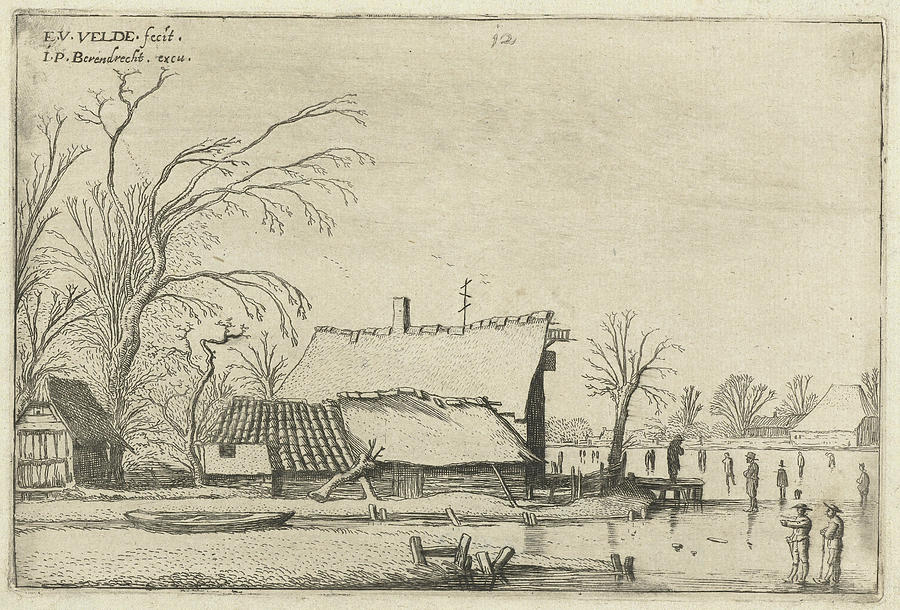 Sports Drawing - Farm In A Frozen River With Skaters, Esaias Van De Velde #1 by Esaias Van De Velde