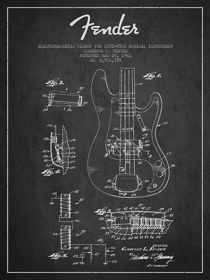 Fender Guitar Patent Drawing from 1961 Digital Art by Aged Pixel - Pixels