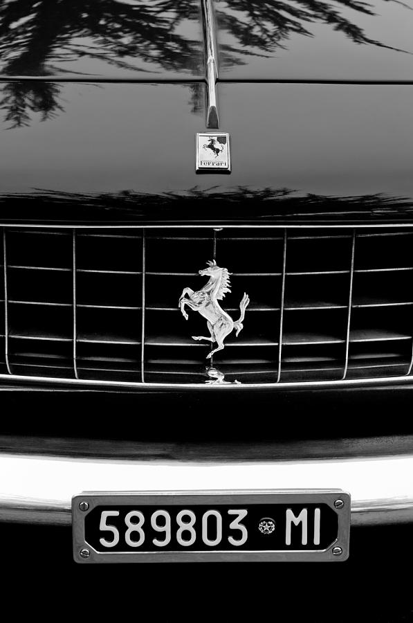 Black And White Photograph - Ferrari Grille Emblem #1 by Jill Reger
