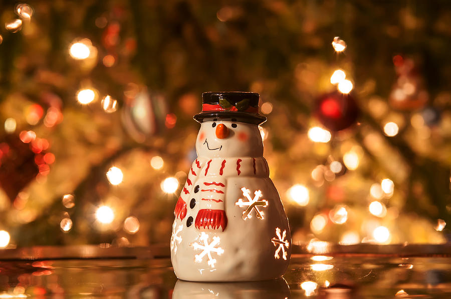 Festive snowman with Christmas light background #1 Photograph by Alex Grichenko