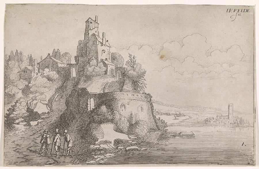 Landscape Drawing - Figures At A Fort In A River Landscape, Jan Van De Velde II #1 by Jan Van De Velde (ii)