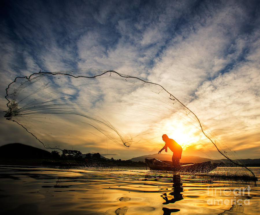 Sunset Photograph - Fisherman of Bangpra Lake  #1 by Anek Suwannaphoom